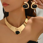 Gold-Tone Black Stone Necklace and Earrings Set for Women