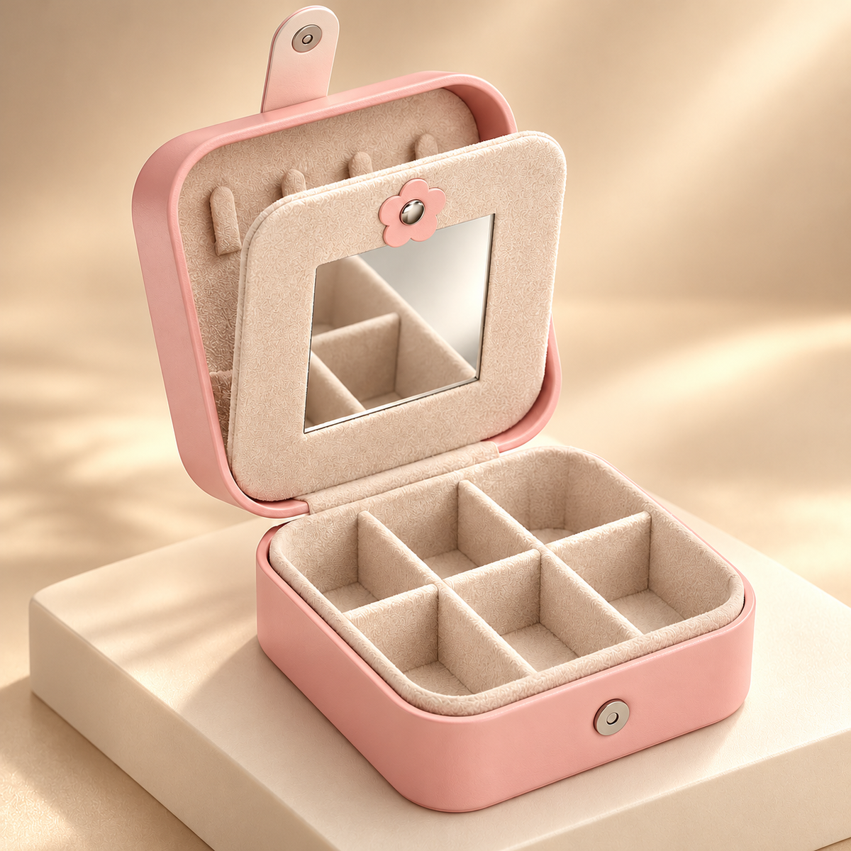 Pink travel jewelry organizer with mirror — styled studio image
